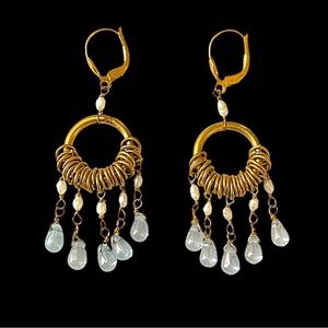 Vintage Freshwater Pearl Blue Glass Teardrop Beads Chandelier Pierced Earrings